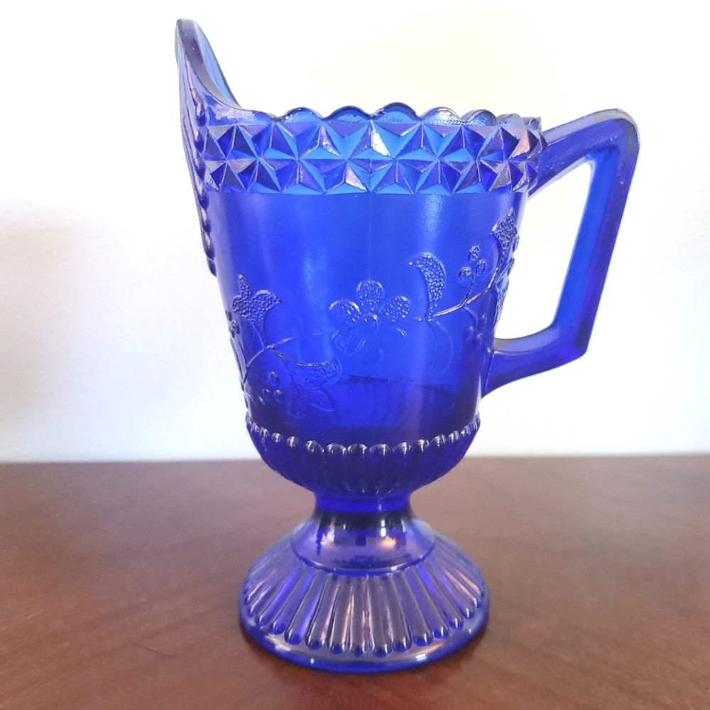 Pressed Cobalt Blue Glass Pedestal Creamer Vase Pitcher Upper Deck Flowers